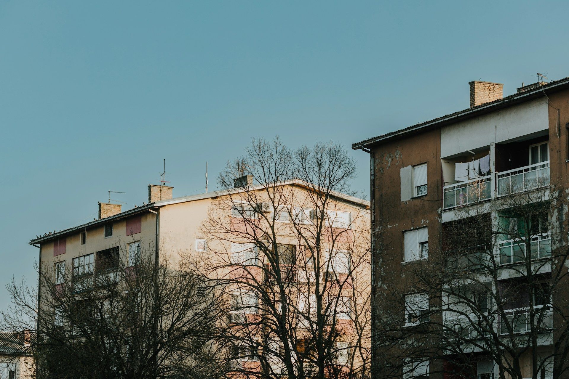 A row of apartment buildings with trees in front of them and a blue sky in the background.