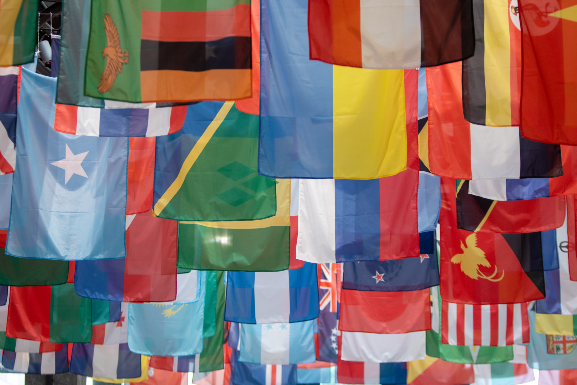 A bunch of different flags are hanging from the ceiling representing the nations of the world