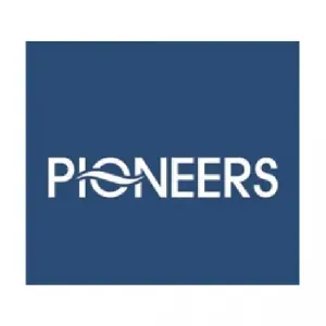 The pioneers logo is on a blue background.