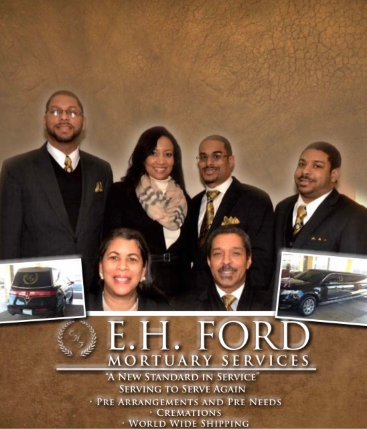 E.H. Ford Mortuary Services staff portrait with logo and funeral hearse images