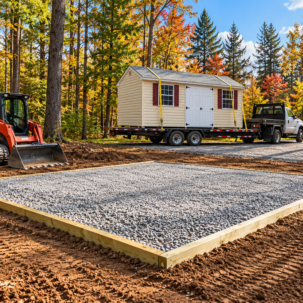 Tiny house on a trailer with an excavator beside a gravel pad in a wooded lot