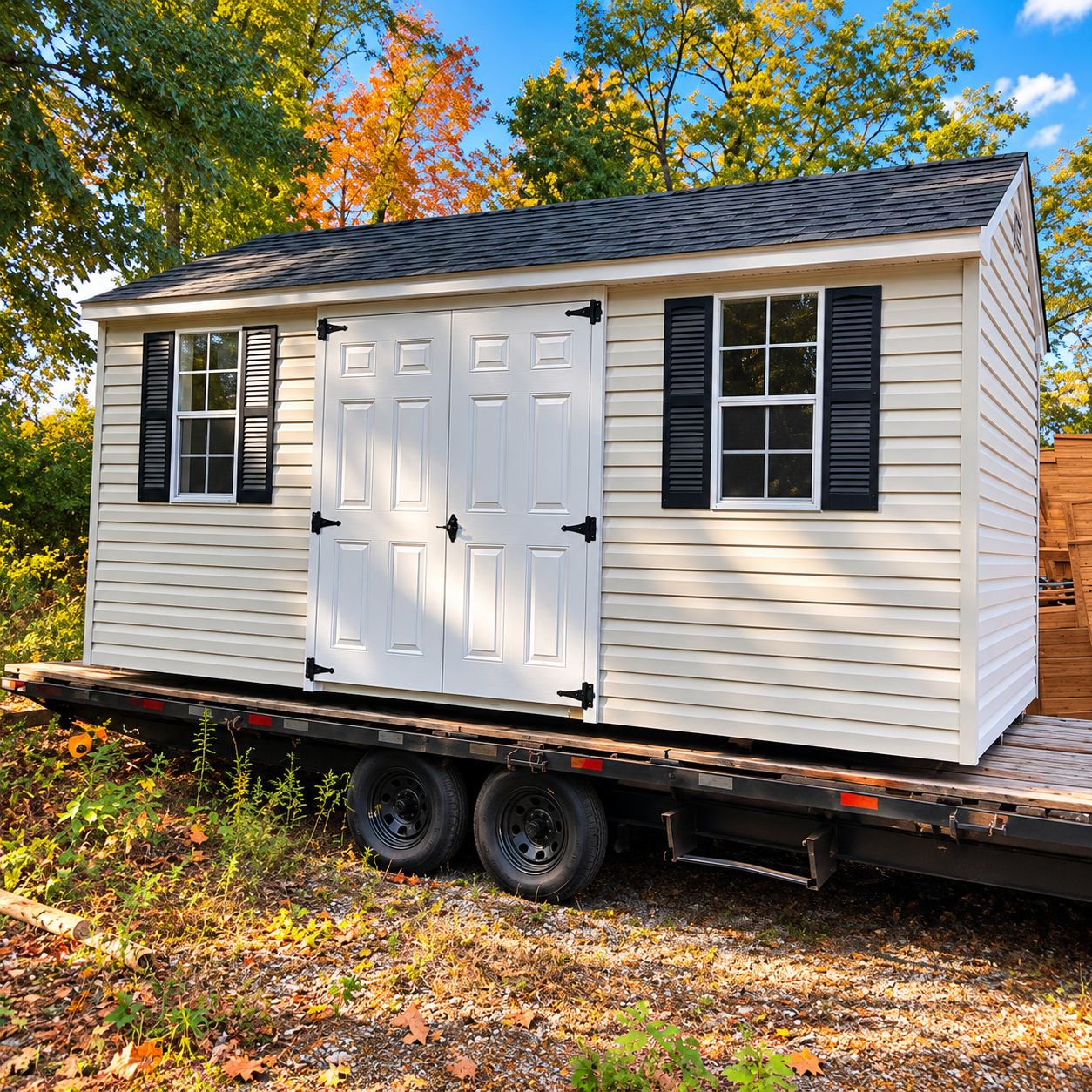 White shed-style tiny house on a trailer with black shutters, parked outdoors among autumn trees.