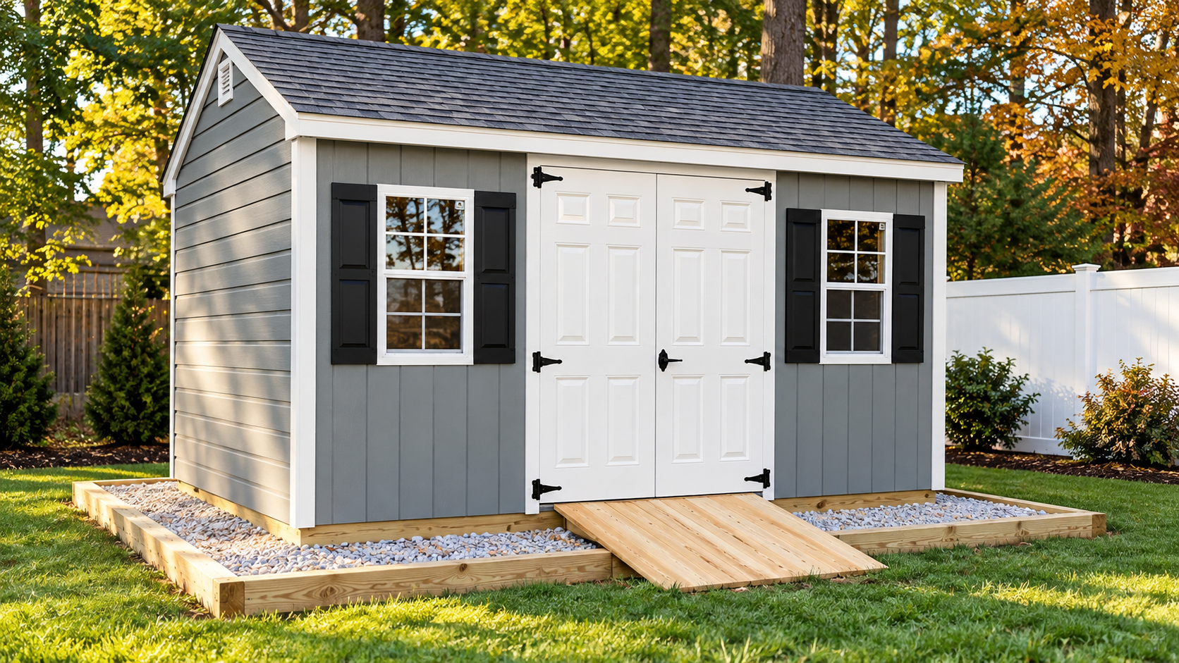 Gray garden shed with white double doors, black shutters, and a small wooden ramp in a grassy yard.