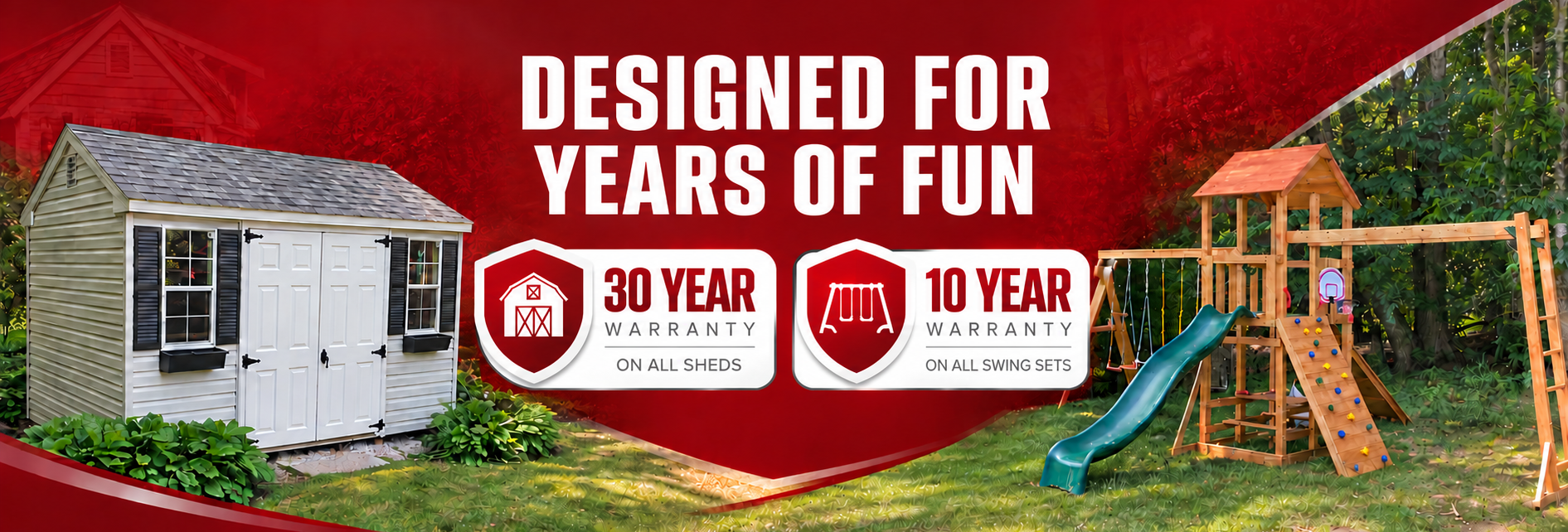 Red roofing ad with text “Designed for Years of Fun,” showing a shed and children’s playset in a backyard.