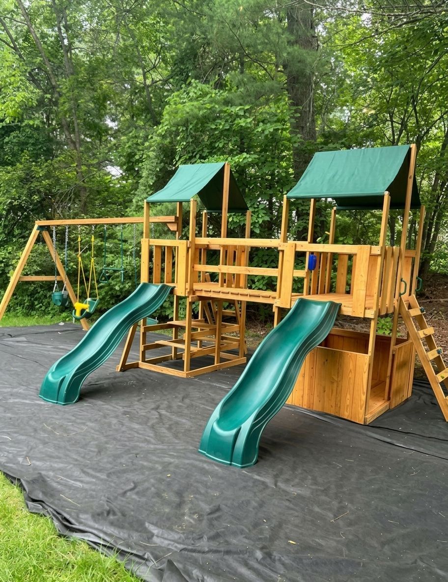 Wooden backyard playground set with two green slides and swings on a black mat, surrounded by trees