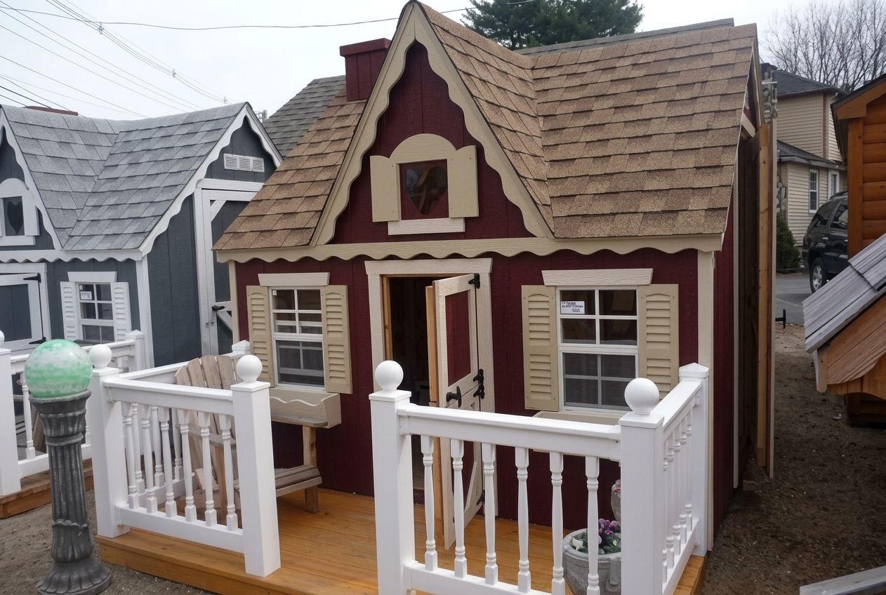 Small maroon dollhouse with white trim and porch railing, set among other miniature houses outdoors