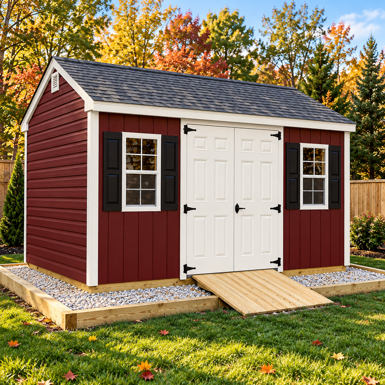 Small red garden shed with white double doors, black shutters, and a ramp on a grassy lawn.