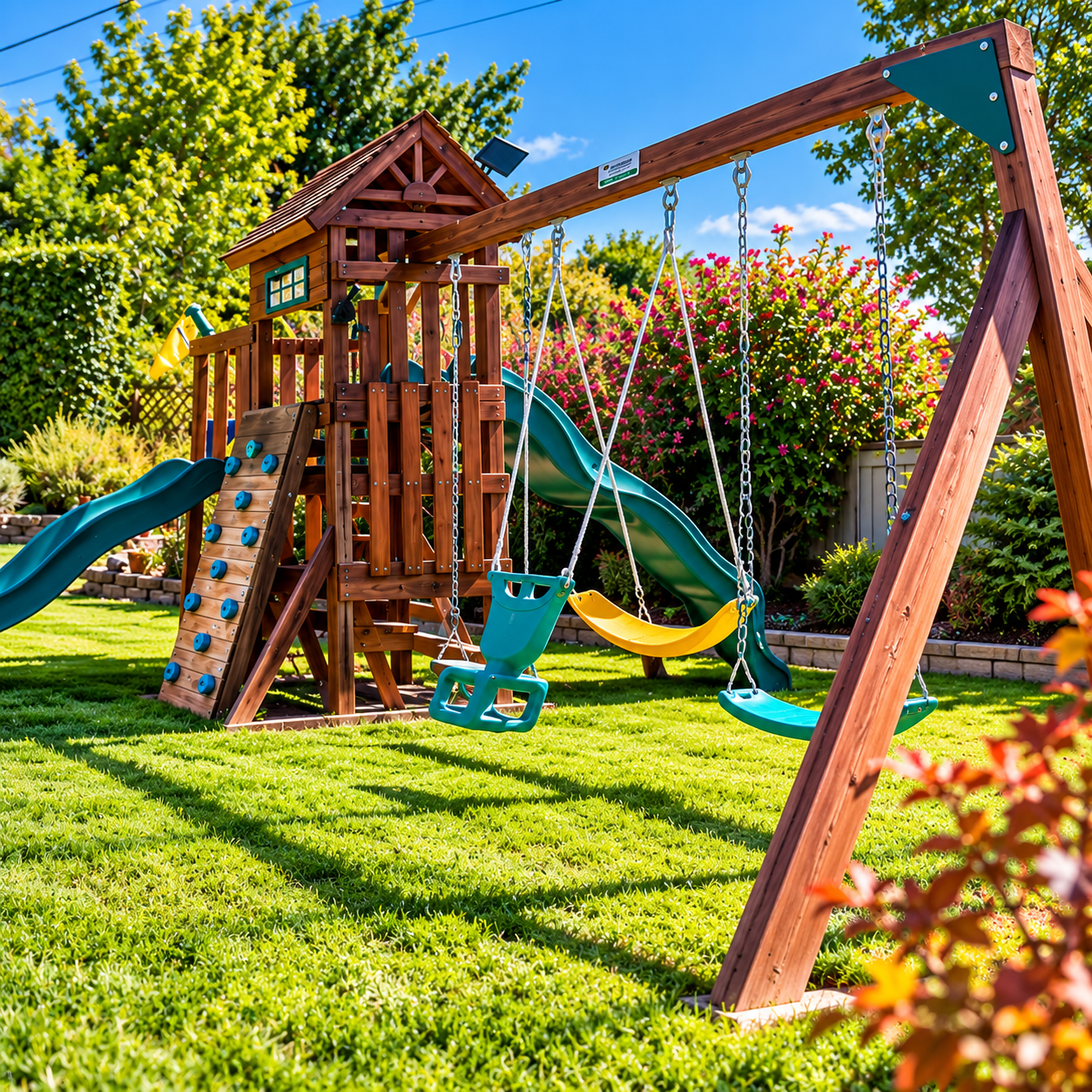 Wooden backyard playset with slides, swings, and climbing wall on a sunny green lawn.