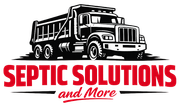 A black and white illustration of a dump truck above the red text "SEPTIC SOLUTIONS and More".