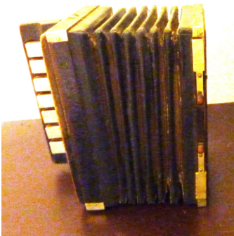 Antieke accordeon in zwart en goud met witte toetsen, in profiel gezien.