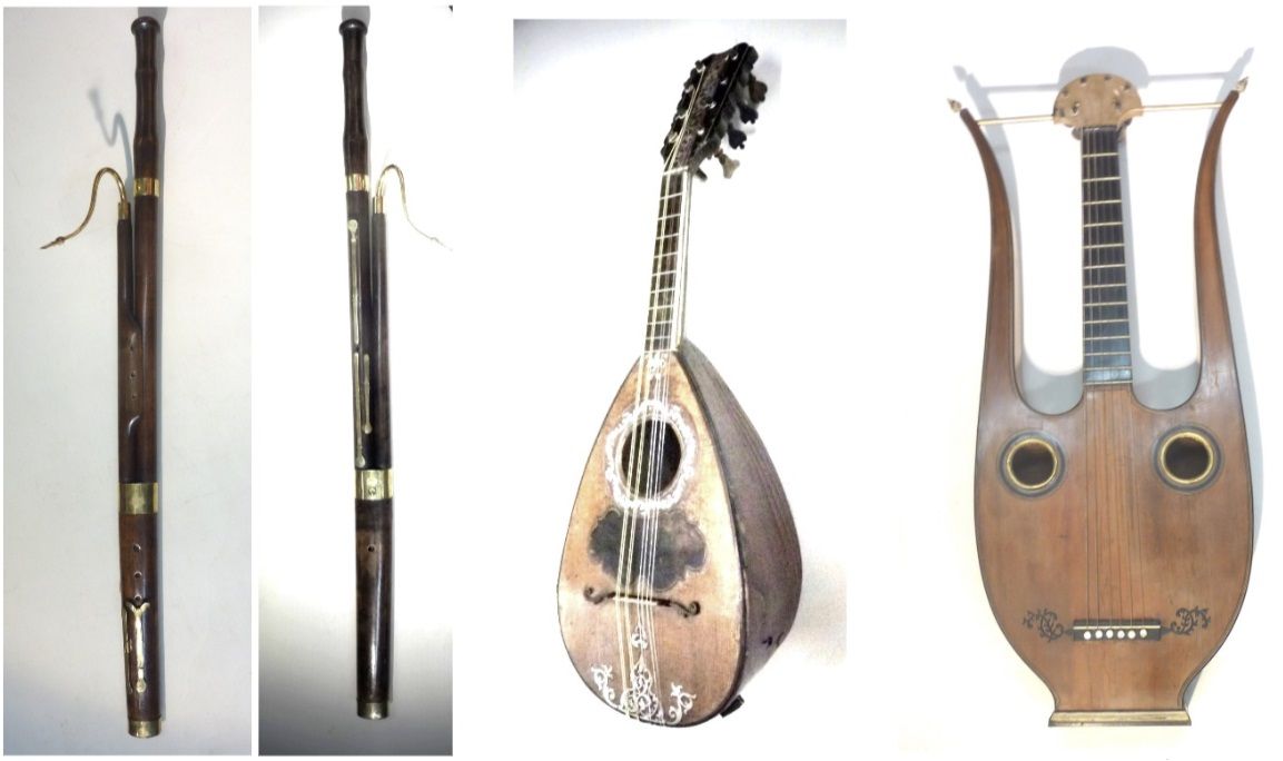 Een collage van muziekinstrumenten, waaronder een gitaar en een fluit