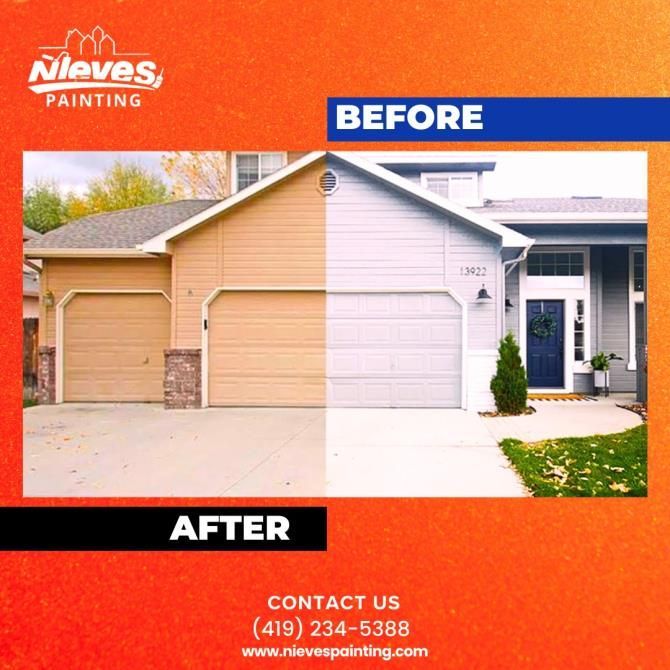 A before and after picture of a house painted by nieves painting