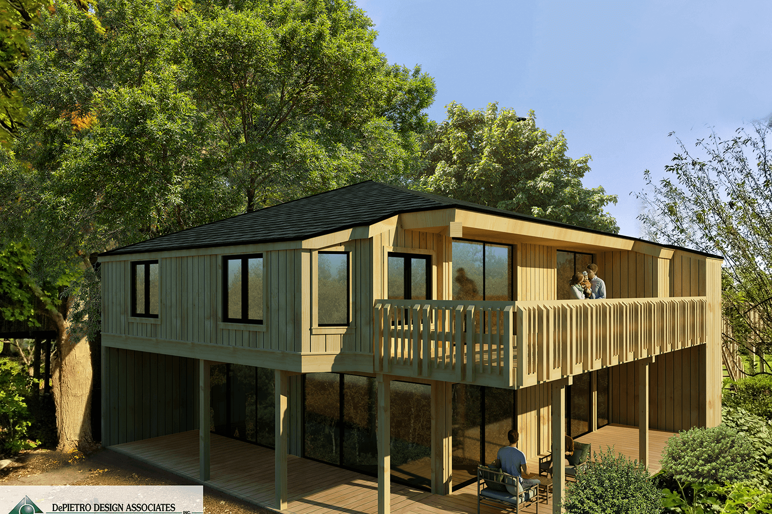 Modern two-story house with wooden balcony and large trees surrounding it