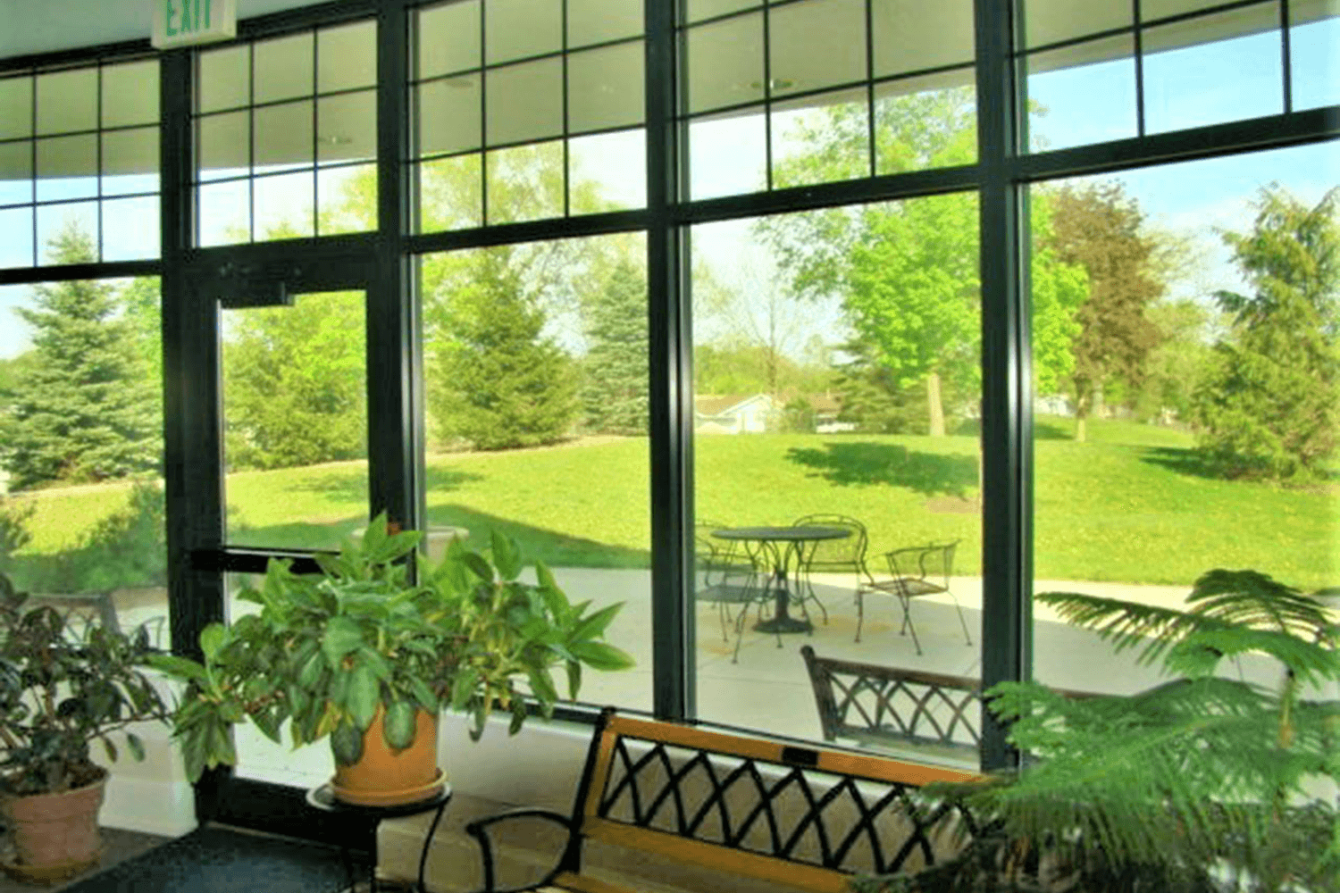 Sunlit indoor patio with potted plants, black chairs, and large windows overlooking a green lawn