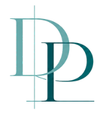Stylized overlapping teal and dark teal letters “D” and “P” logo on white background