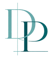 Stylized overlapping teal and dark teal letters “D” and “P” logo on white background