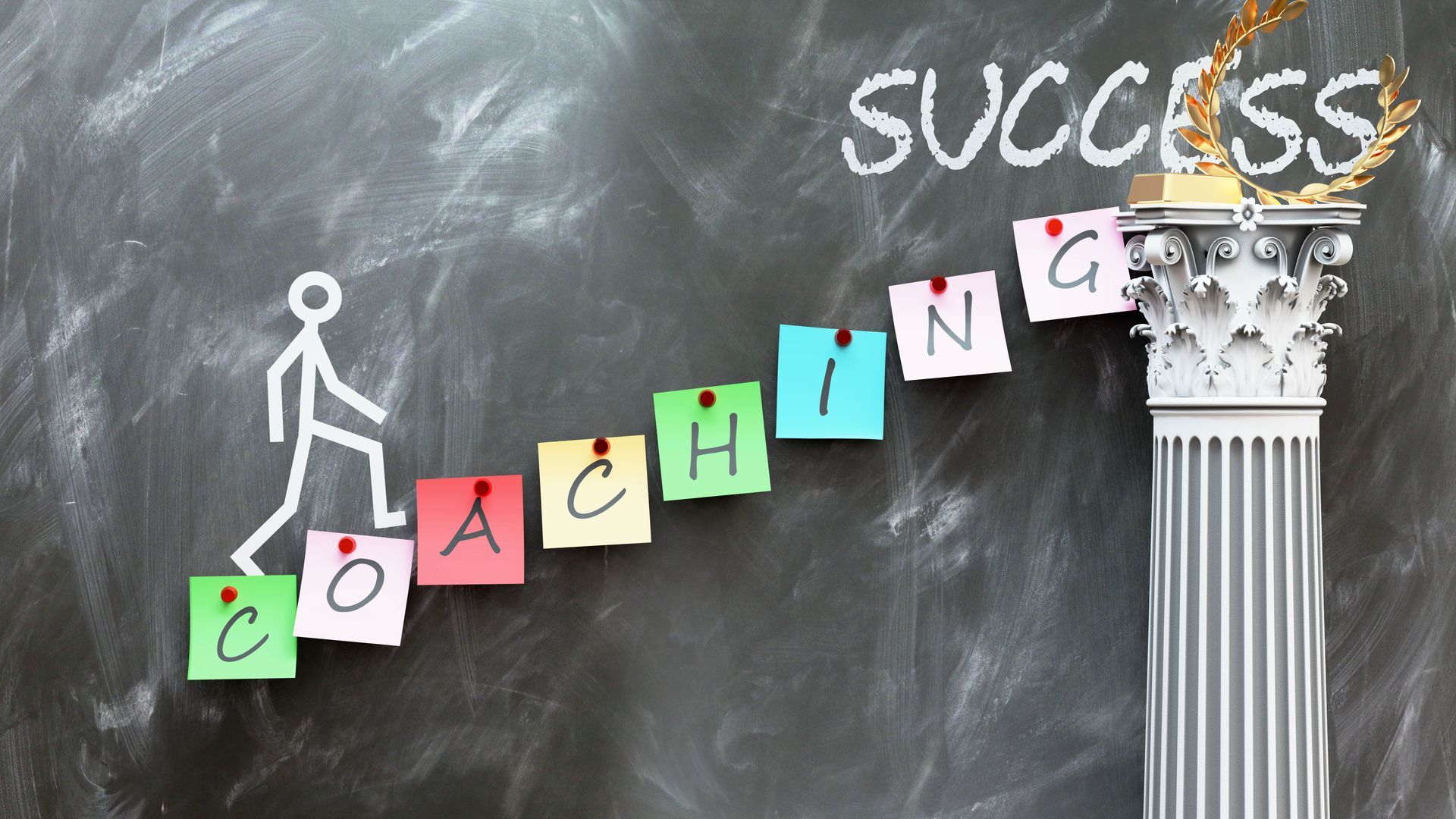Stick figure climbs “COACHING” blocks toward “SUCCESS” on a chalkboard with a column