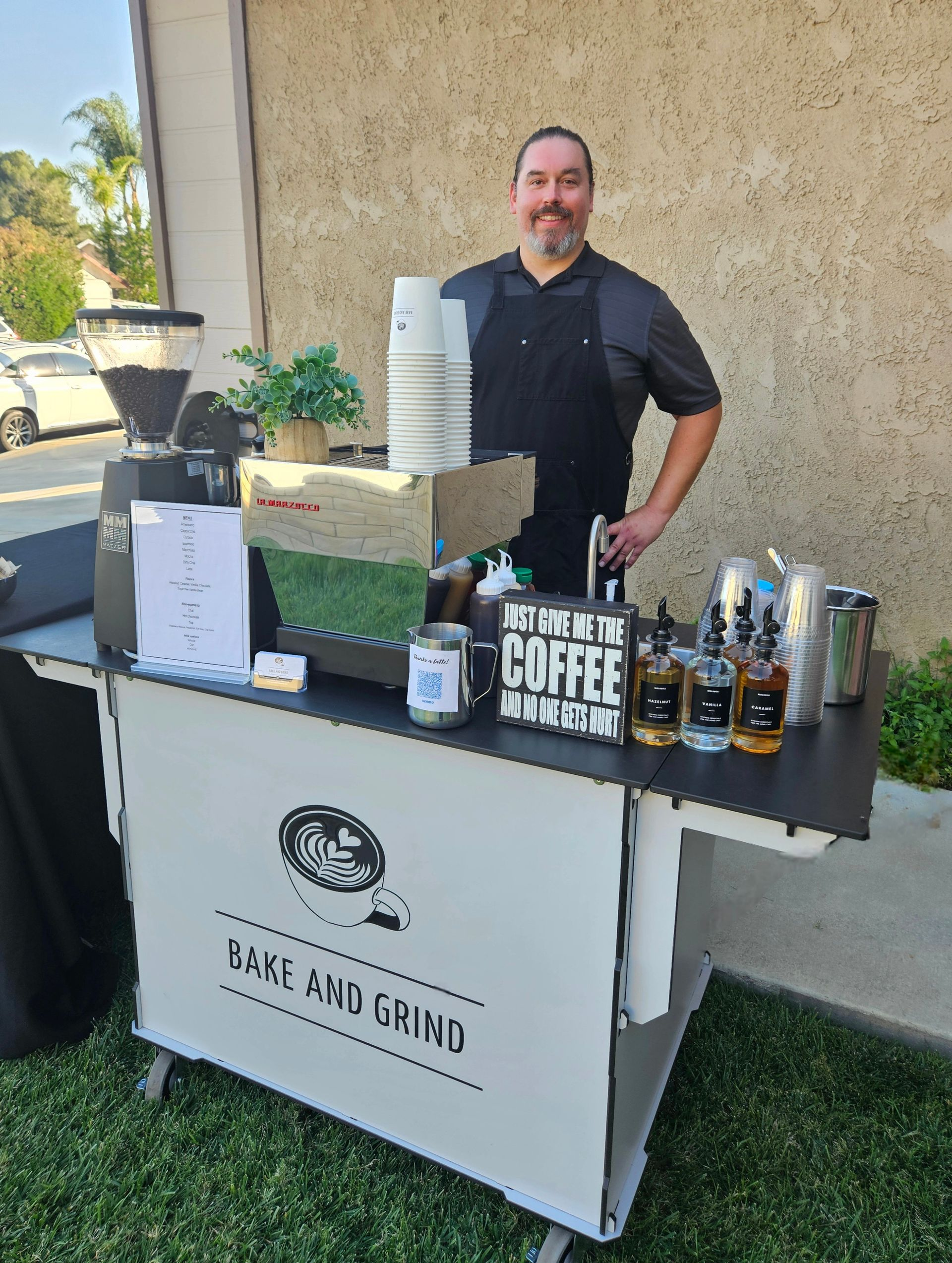 Bake and Grind mobile coffee cart ready to serve handcrafted espresso at an event