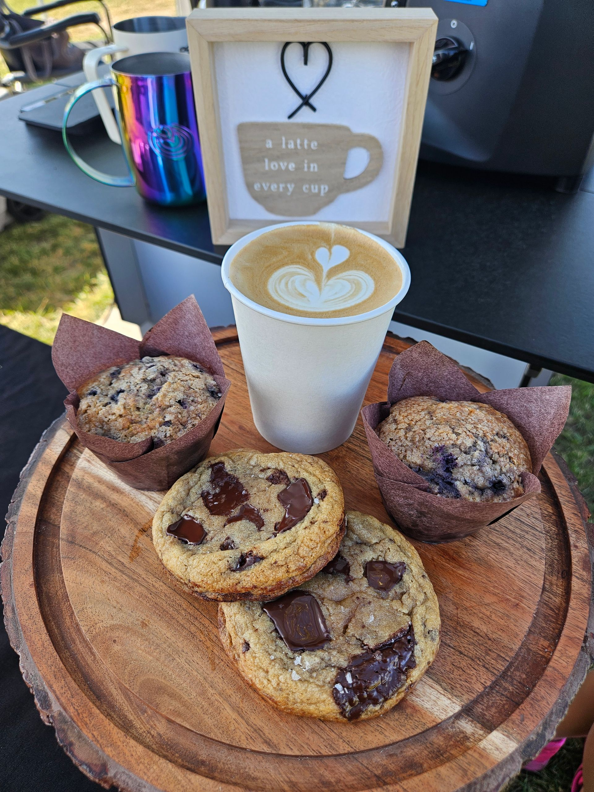 Handcrafted latte and fresh baked muffins from Bake and Grind coffee catering