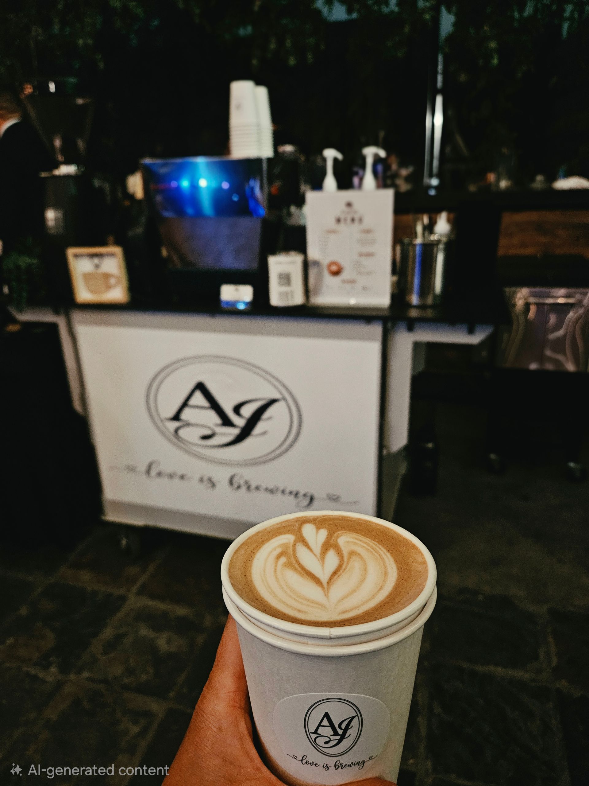 Branded mobile coffee cart serving handcrafted espresso at a wedding