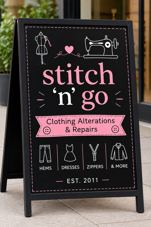 Black sidewalk sign for “stitch ’n’ go” clothing alterations and repairs with pink accents and dress sketches