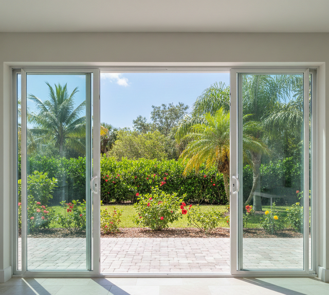 Sliding glass doors open onto a sunny backyard with lush green plants, flowers, and a blue sky.