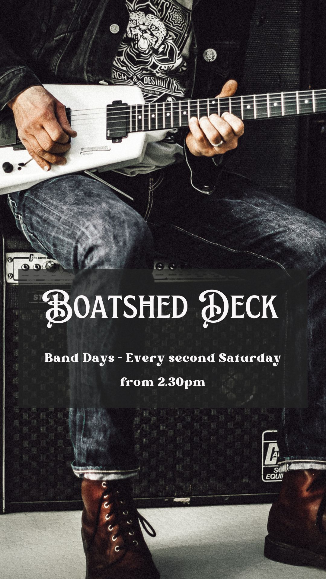 Guitarist Seated on a Boatshed Deck Event Poster, With Black Background and Venue Details. — Gosford Sailing Club in Gosford, NSW