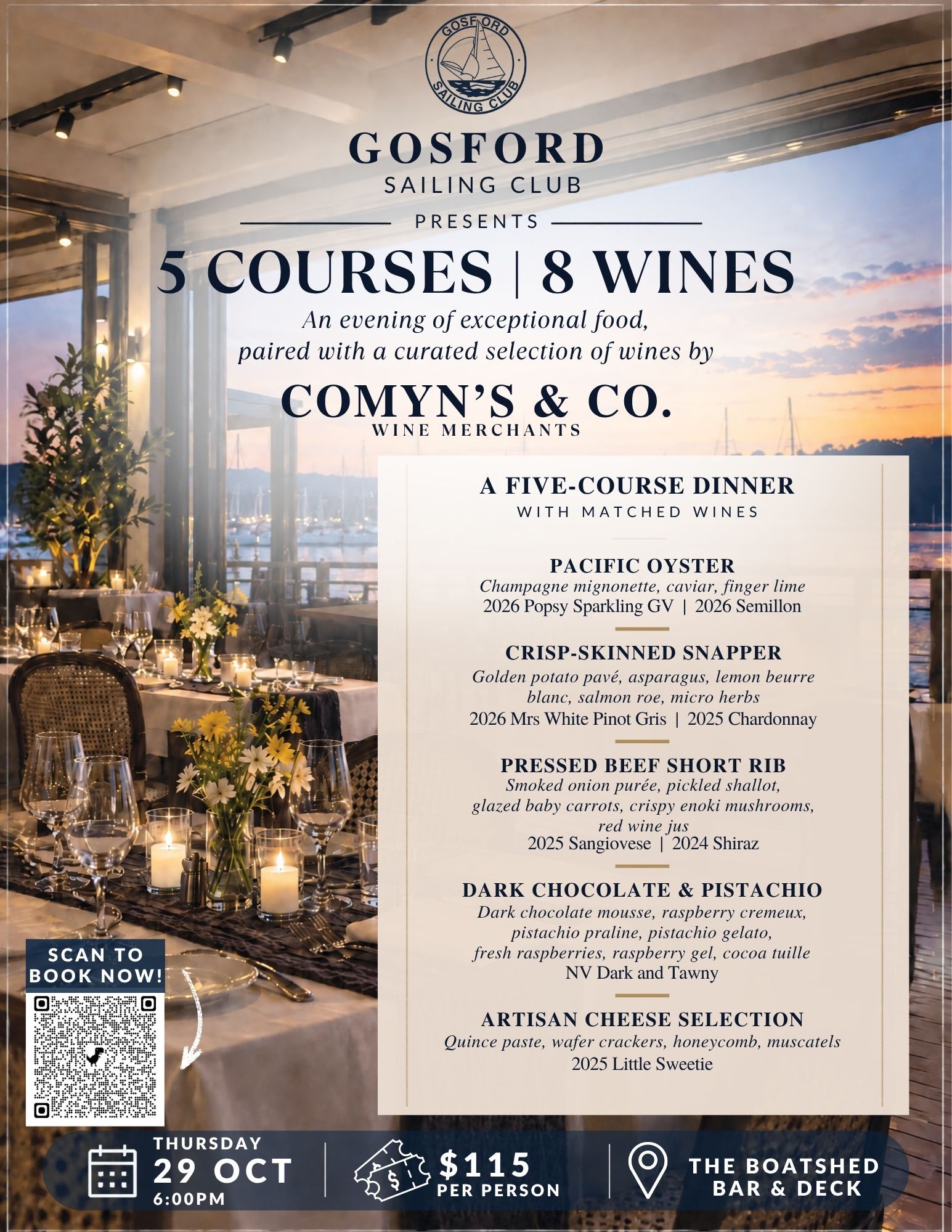 Gosford Sailing Club “5 Courses & 8 Wines” dinner poster with sunset marina scene and menu details