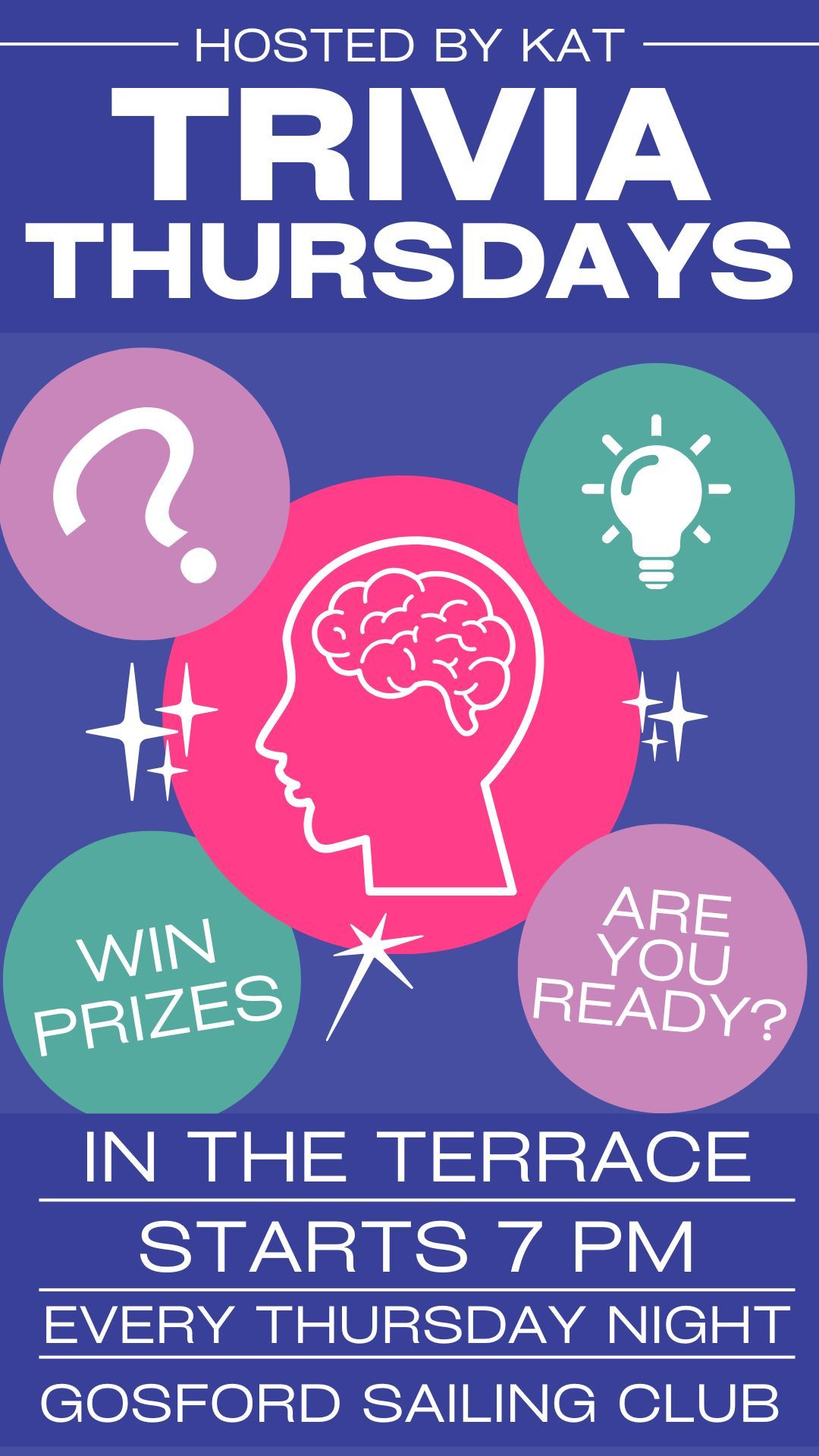 Trivia Thursdays Poster: Pink Brain Silhouette on Blue-purple Background With Quiz Icons, Prizes, and 7 Pm Terrace Details — Gosford Sailing Club in Gosford, NSW