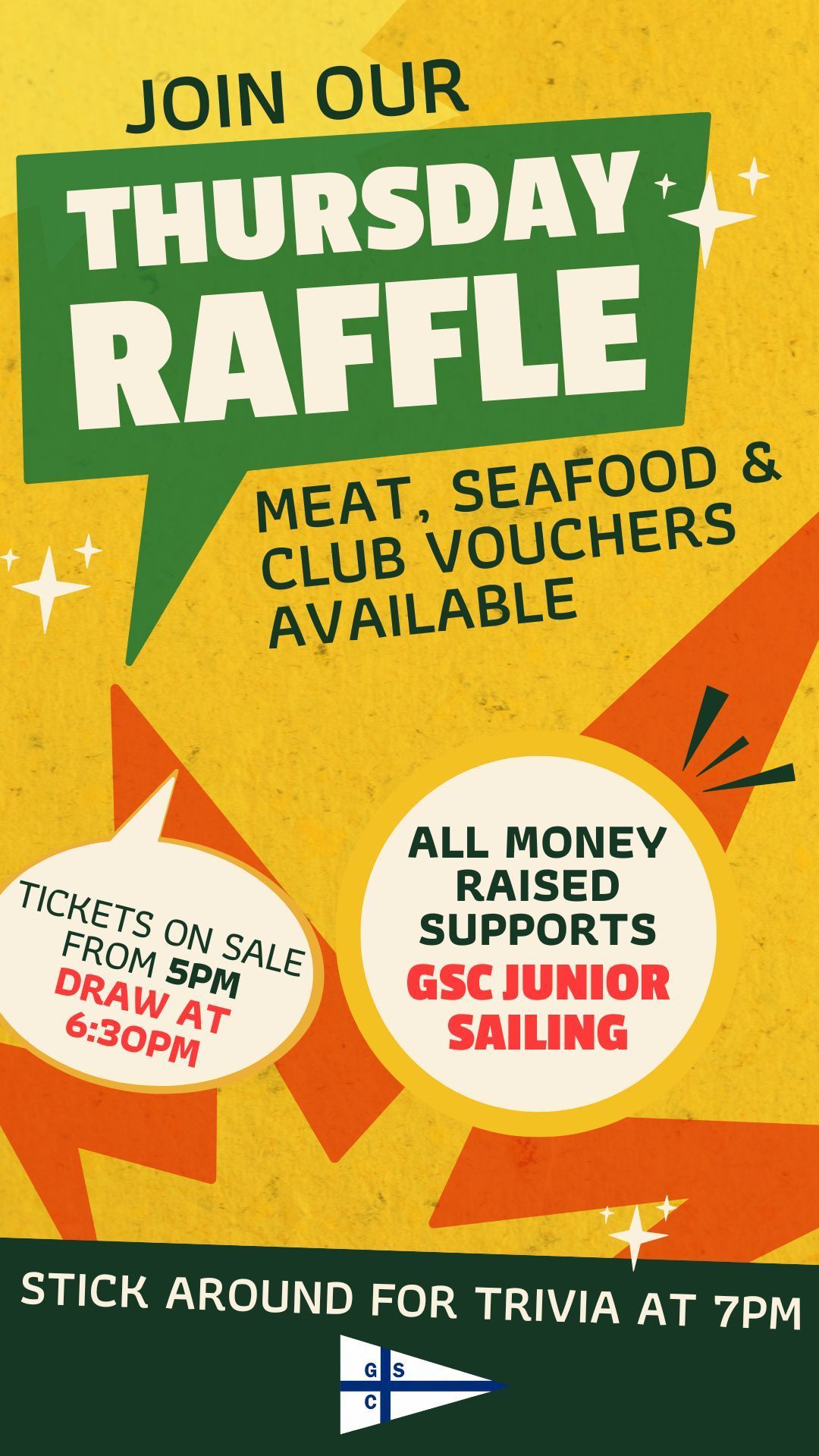 Thursday Raffle Poster: Green and Orange Promo for Meat, Seafood, Club Vouchers, Trivia, and Junior Sailing Support — Gosford Sailing Club in Gosford, NSW