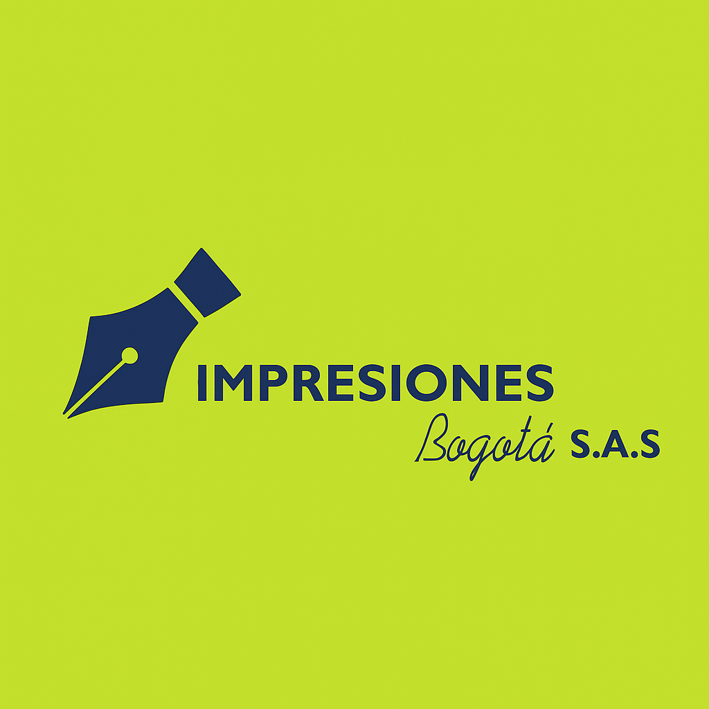 Logotipo de Impresiones Bogotá SAS Presenta un ícono de punta de bolígrafo azul sobre un fondo verde con texto.