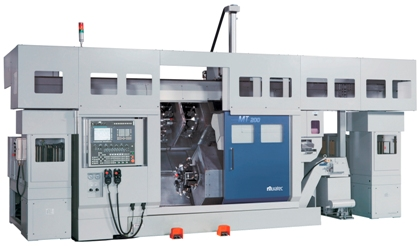 A Large Machine with A Blue Door Is Sitting on A White Surface.