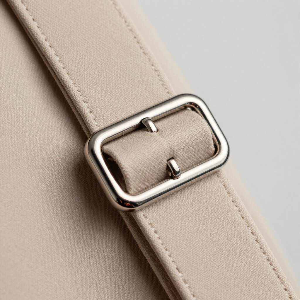 Beige leather belt with silver rectangular buckle on a light background