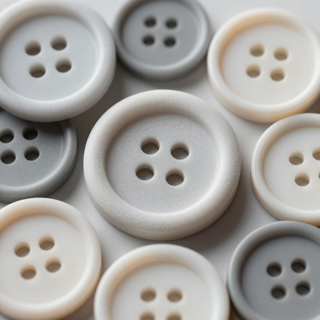 Assorted white, cream, and gray sewing buttons arranged in a close-up pattern