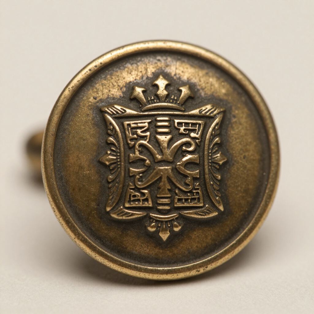 Bronze decorative button with an ornate crest embossed on the front