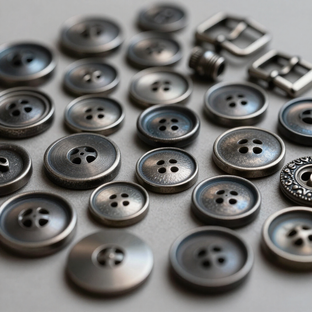 Assorted dark and silver four-hole buttons scattered on a light surface
