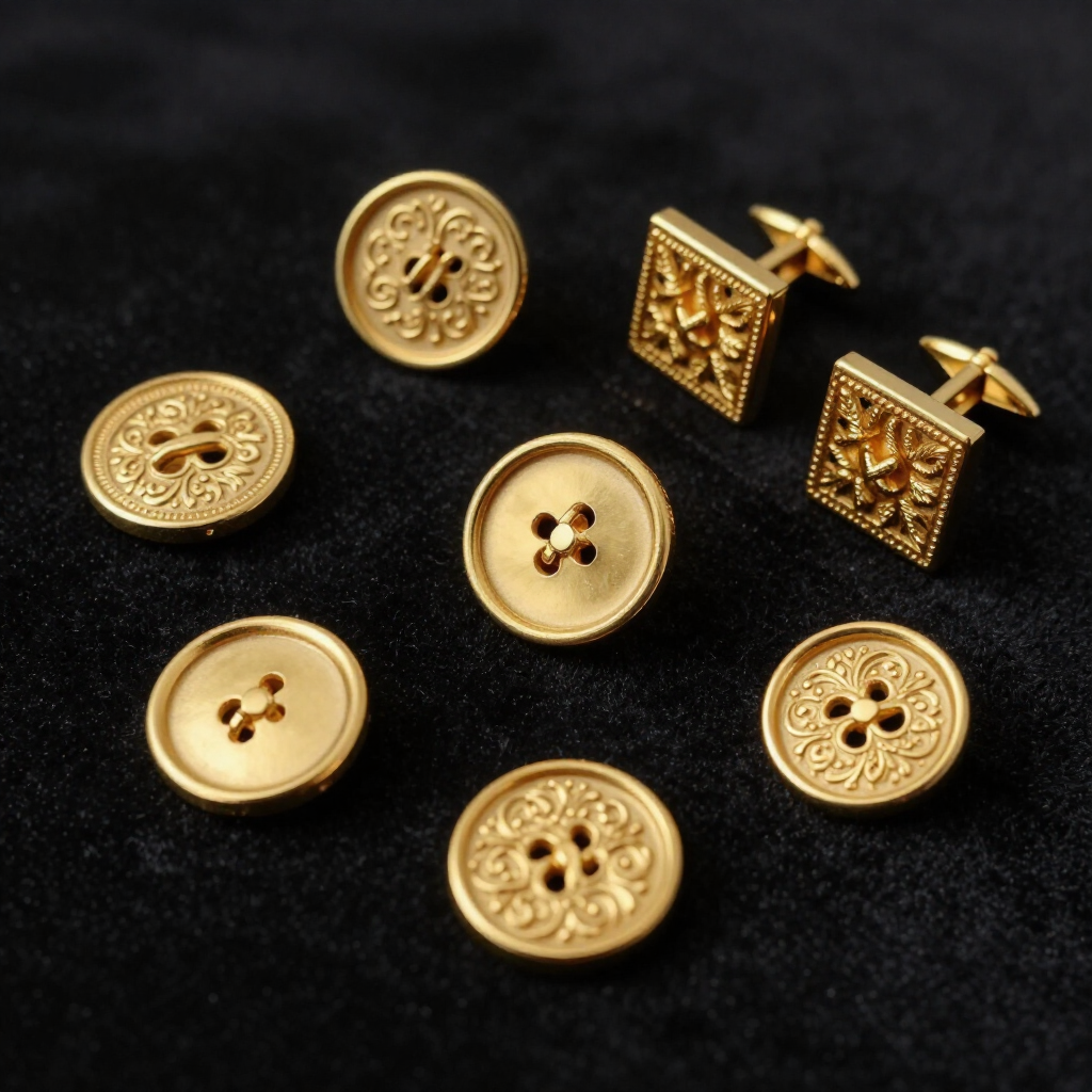 Gold decorative buttons and cufflinks arranged on a black background