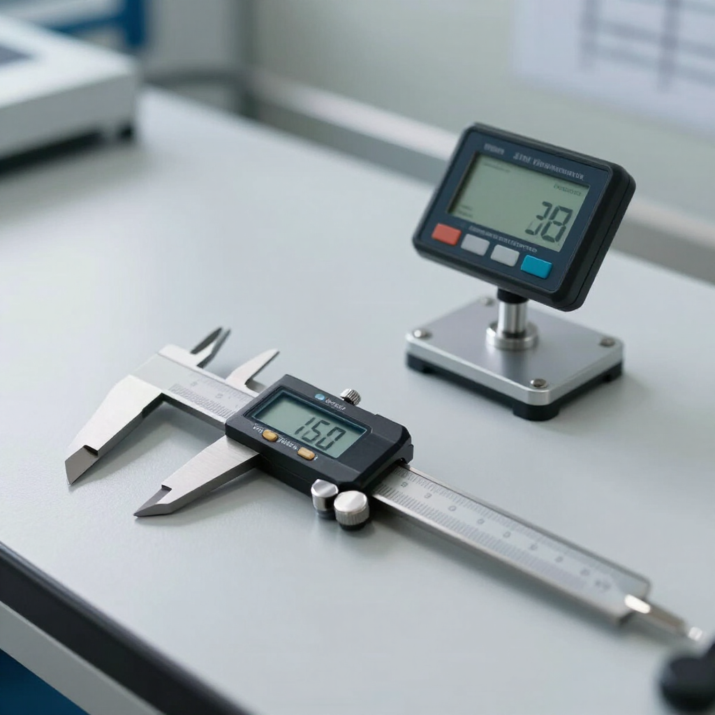 Digital calipers and a desk gauge on a white workbench, with a blurred keyboard in the background