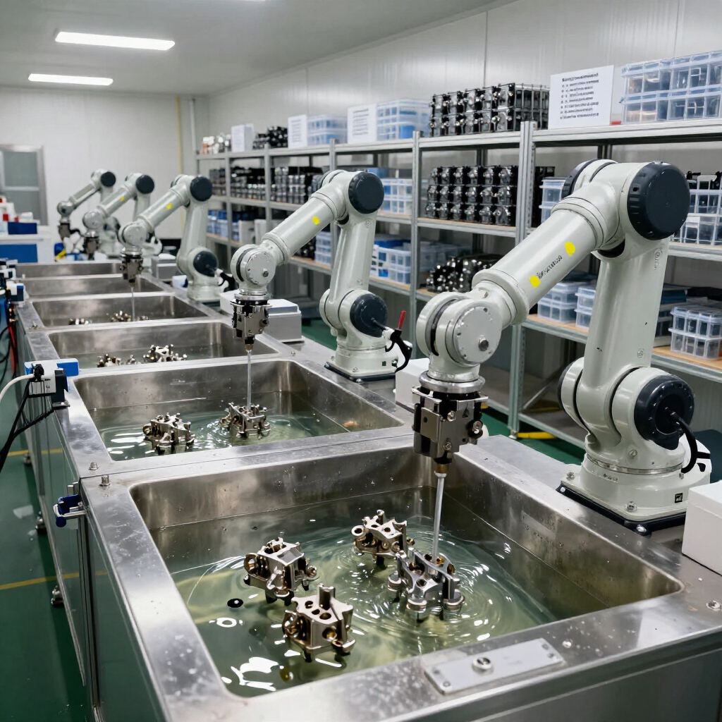Robotic arms assembling metal parts over stainless steel bins in a bright factory workspace