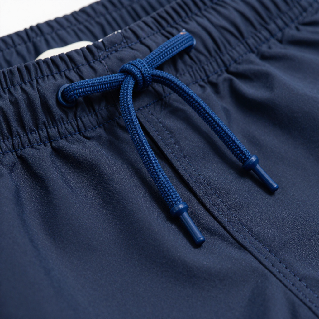 Close-up of navy shorts waistband with blue drawstring ties