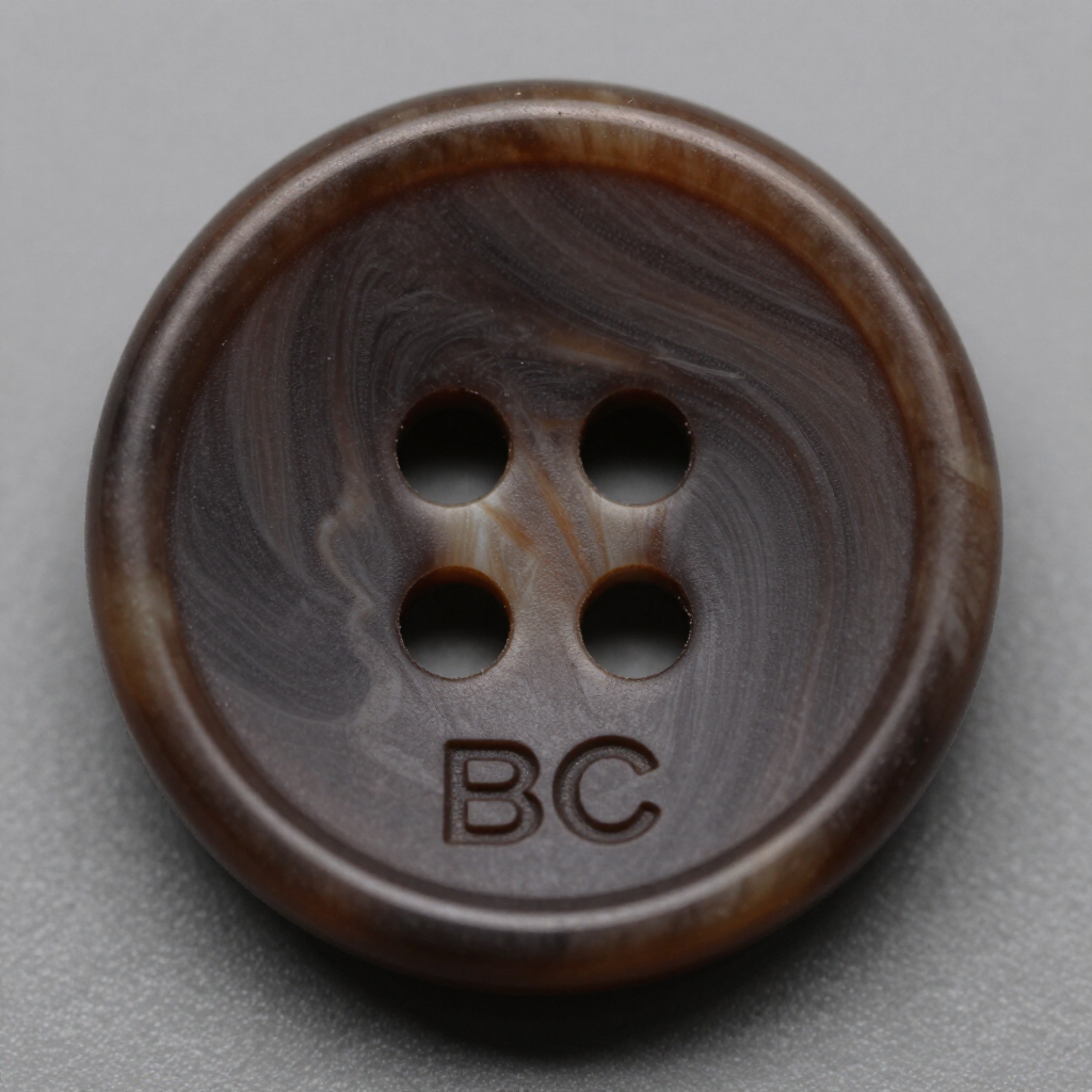 Close-up of a dark brown four-hole button with “BC” engraved near the bottom.