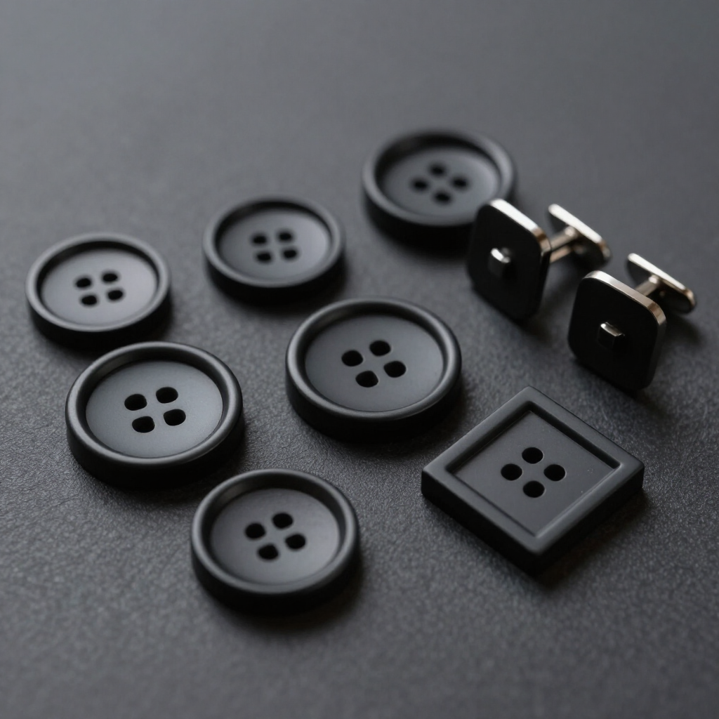 Black buttons and cufflinks arranged on a dark surface