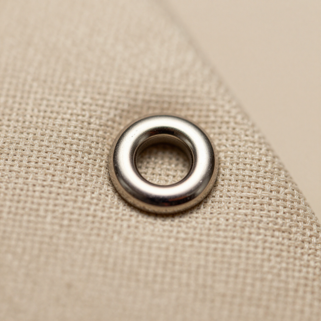 Metal grommet on beige woven fabric close-up