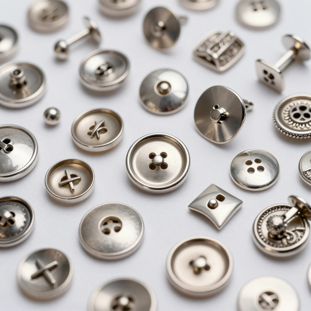 Assorted silver metal buttons and snaps arranged on a white background