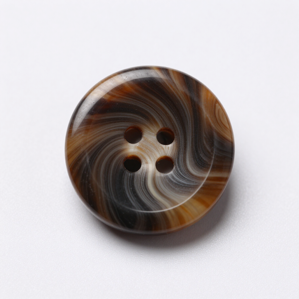 Brown swirled four-hole button with marbled pattern on a white background