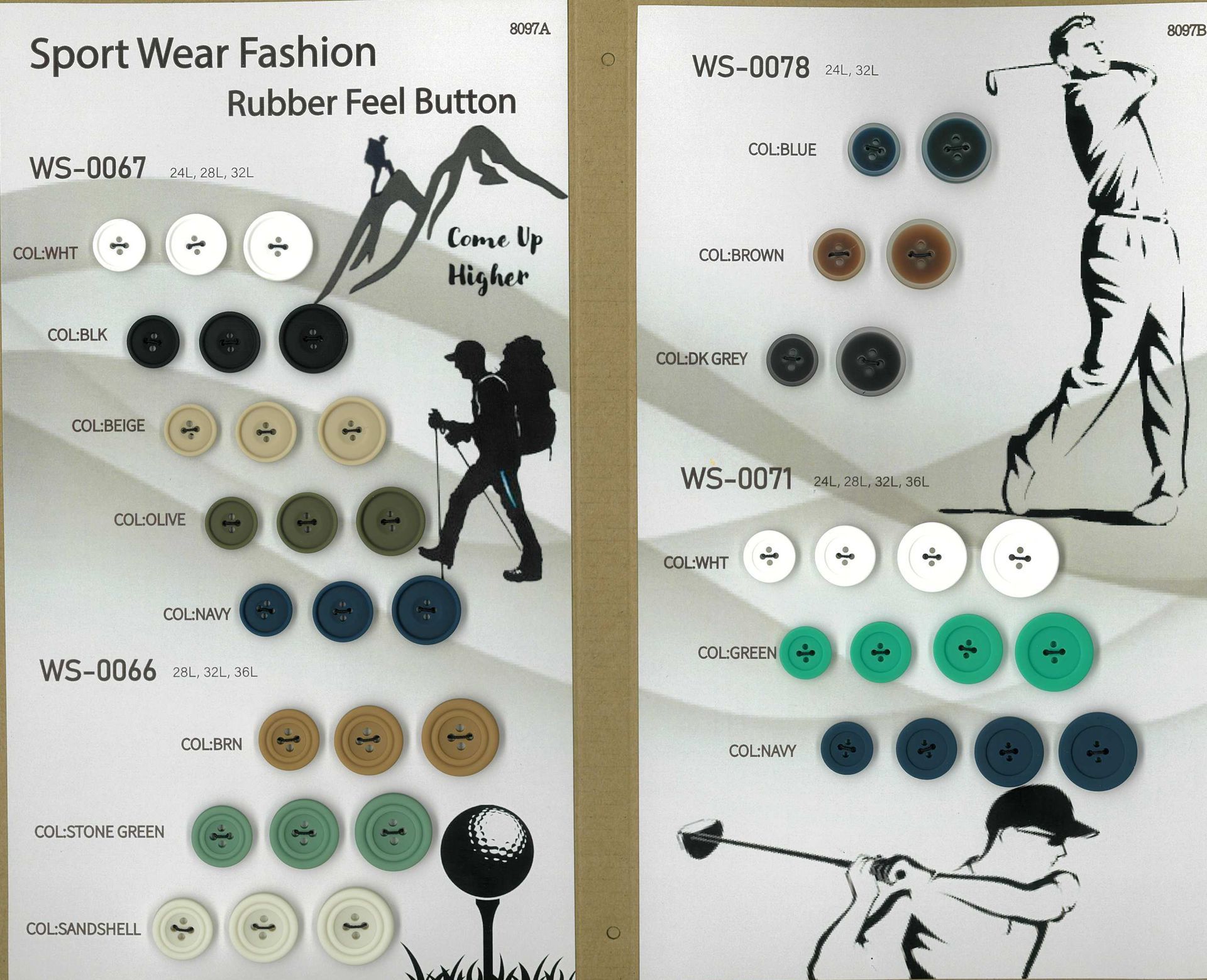 Fashion catalog page showing sport wear button samples in white, black, green, and blue with silhouette illustrations