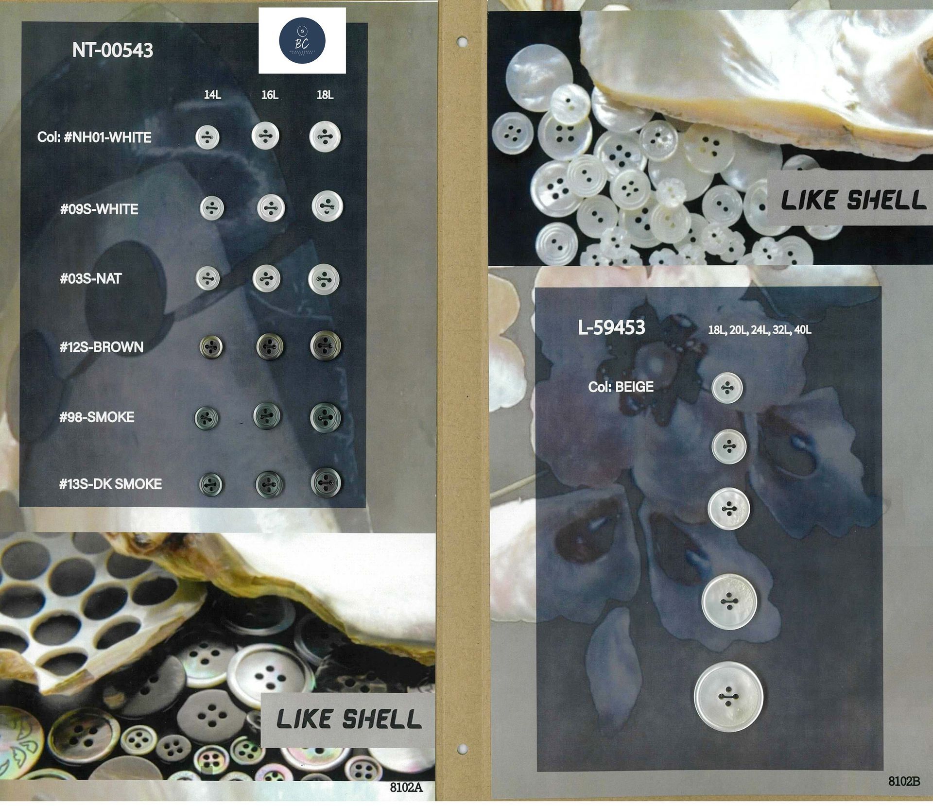 Collage of black panels with rows of small white shell-shaped buttons and “LIKE SHELL” labels.