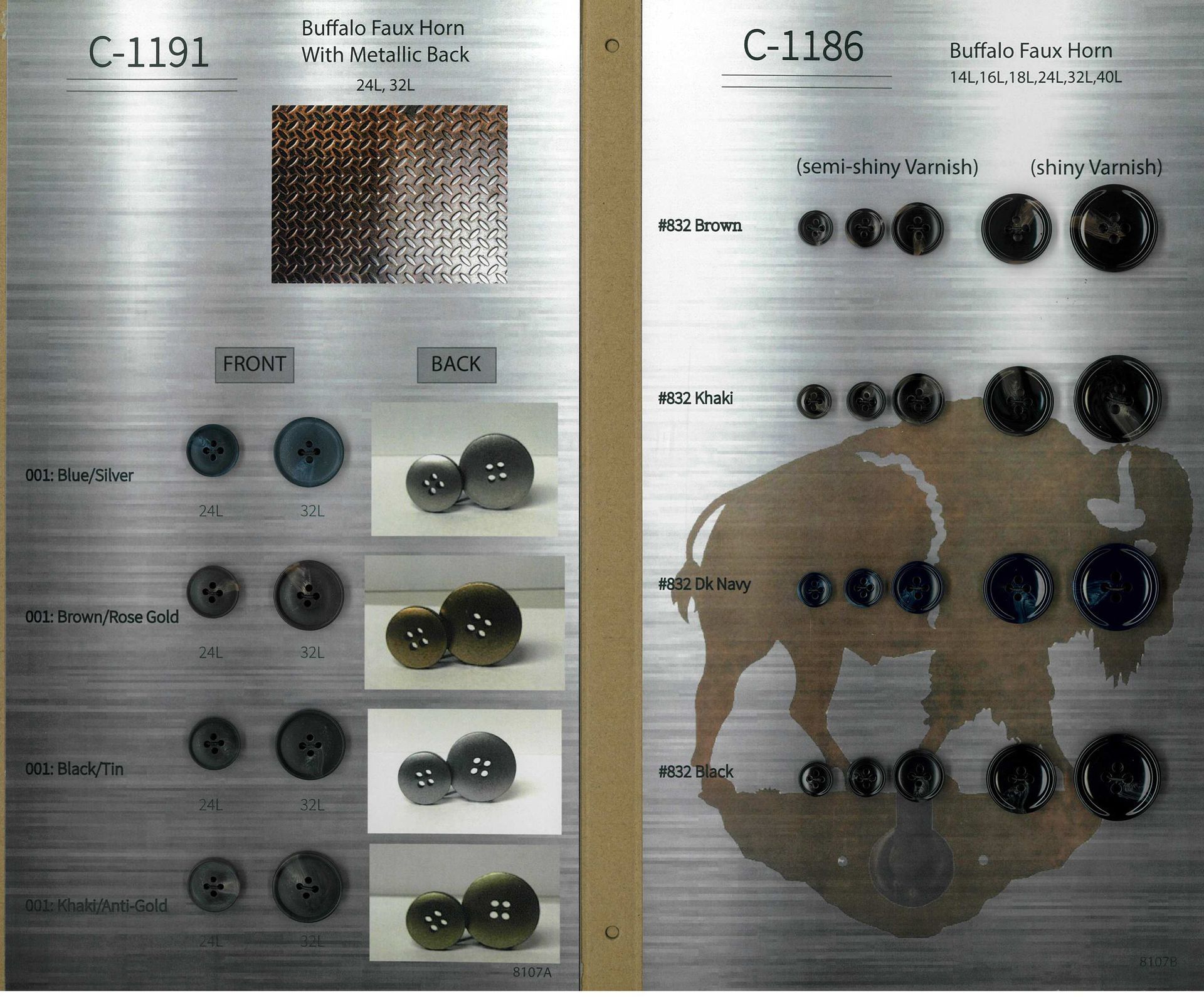Metal display board with labeled fabric/button samples and swatches in rows, split into two panels.