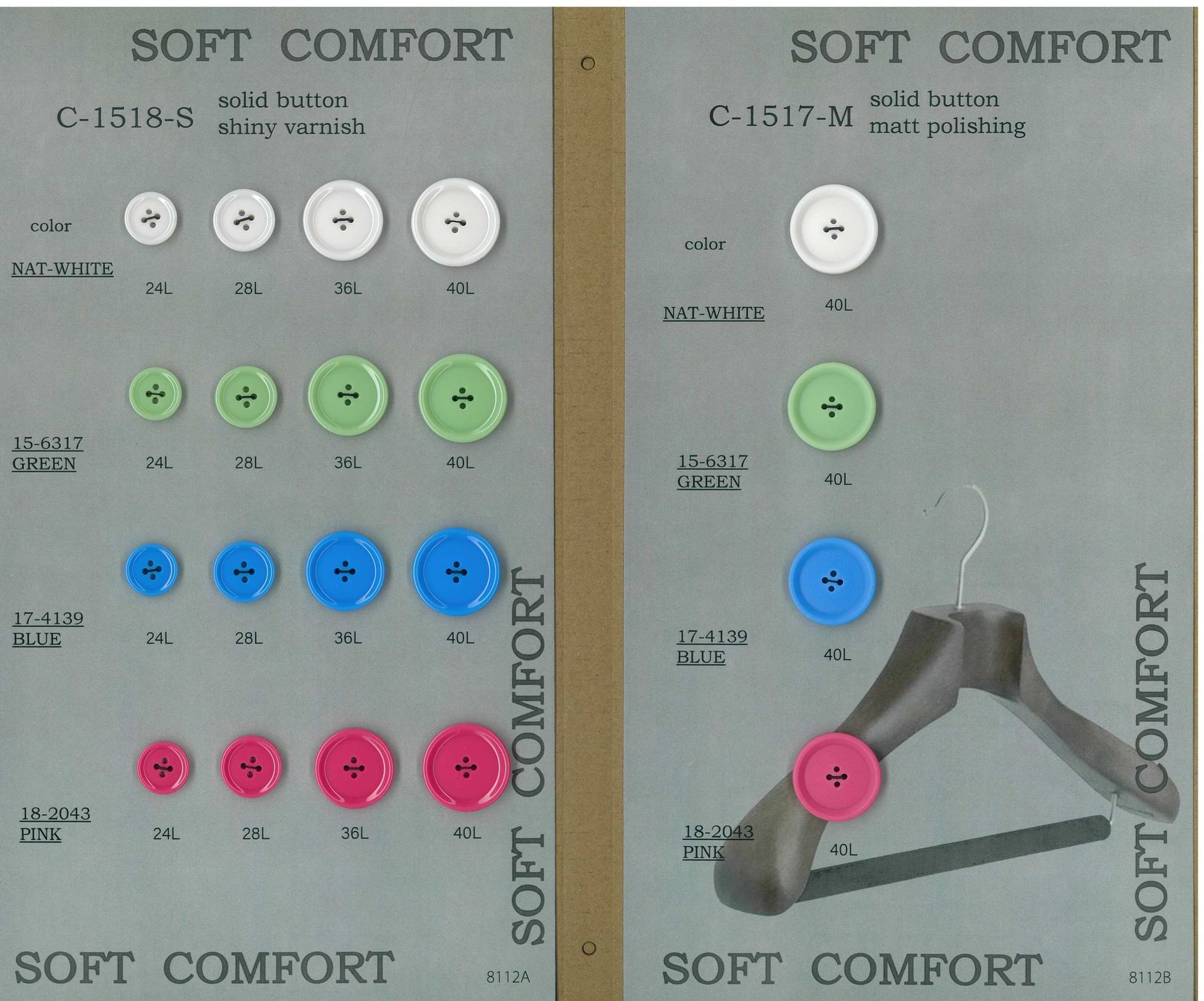Soft Comfort color chart with labeled circular samples and a cane handle illustration on a gray background
