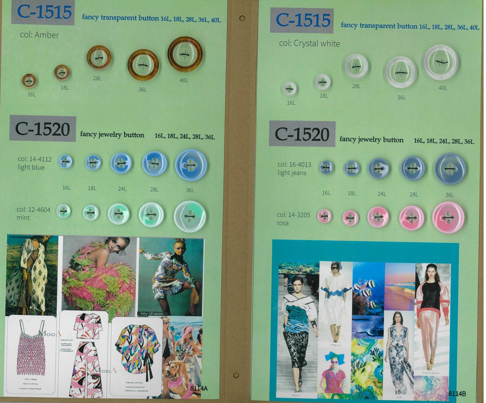 Poster board showing C-1515 and C-1520 round accessories with sample fashion designs and model photos